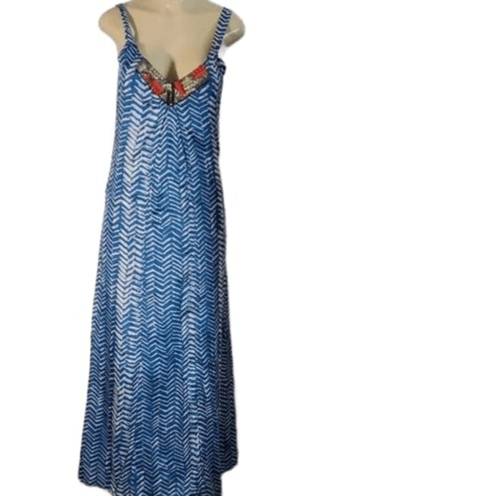 Anthropologie Velvet By Graham & Spencer 100% Silk Beaded Maxi Dress. Small Blue